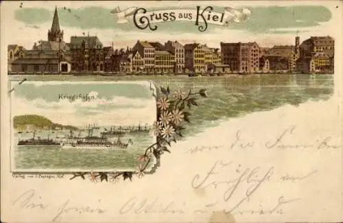 Vorläufer Litho Kiel in Schleswig Holstein, Kriegshafen, Stadtansicht, 1894