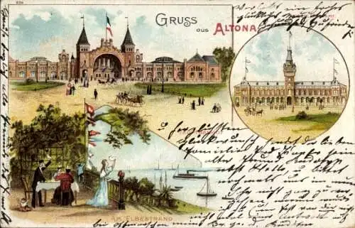 Litho Hamburg Altona, Hauptbahnhof, Kaiserliches Postamt, Elbestrand