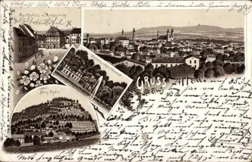 Vorläufer Litho Zittau in Sachsen, Weinau-Restaurant, Berg Oybin, Marktplatz, Amtsgericht, 1895