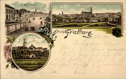 Litho Friedberg in Hessen, Kaiserstraße, Blick auf den Ort, Burg