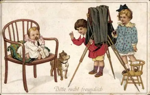 Künstler Ak Kinder fotografieren ein Baby, Hund