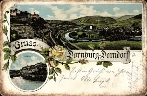 Litho Dornburg Dorndorf Camburg in Thüringen, Gesamtansicht, Schloss