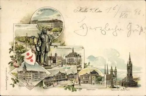 Litho Halle an der Saale, Kliniken, Ratskeller, Theater, Bahnhof, Marktkirche