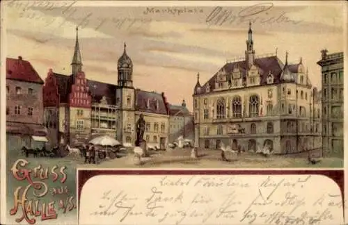 Litho Halle an der Saale, Marktplatz, Rathaus