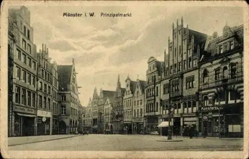 Ak Münster in Westfalen, Roggenmarkt, nicht Prinzipalmarkt, Giebelhäuser, Geschäfte