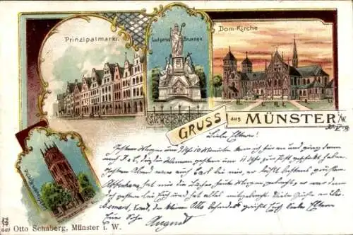 Litho Münster in Westfalen, Liebfrauenkirche, Prinzipalmarkt, Ludgerus-Brunnen, Domkirche