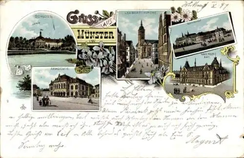Litho Münster in Westfalen, Schloss, Lambertikirche, Bahnhof, Akademie, Kaiserliche Post