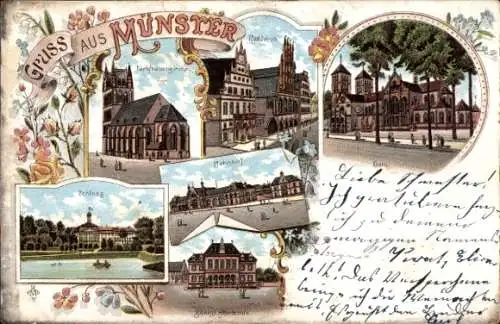 Litho Münster in Westfalen, Bahnhof, Liebfrauenkirche, Rathaus, Dom, Schloss, Kgl. Akademie