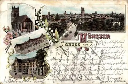 Litho Münster in Westfalen, Stadtbild, Liebfrauenkirche, Schloss, Regierung