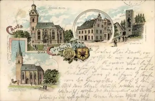 Wappen Litho Korbach in Hessen, Kilians-Kirche, Rathaus, Nikolai-Kirche, Tylenturm