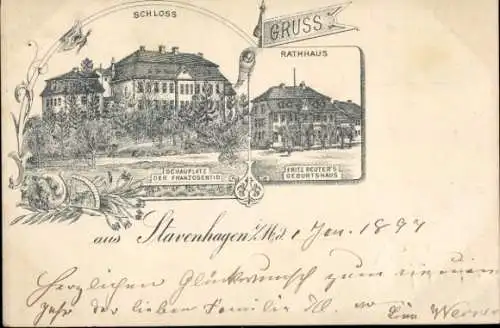 Litho Reuterstadt Stavenhagen in Mecklenburg, Schloss, Rathaus, Fritz Reuters Geburtshaus