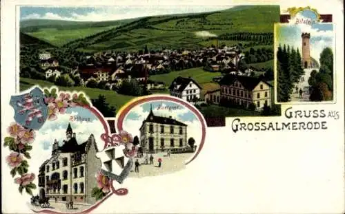 Litho Großalmerode in Hessen, Bilstein, Postamt, Rathaus, Totalansicht