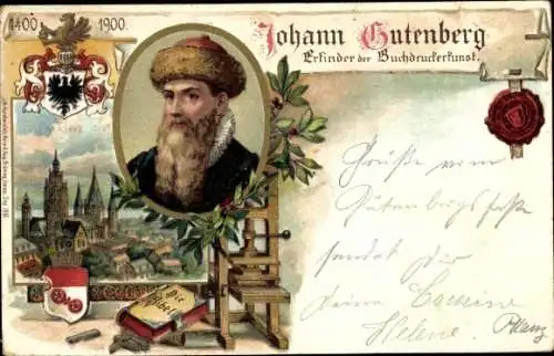 Litho Mainz am Rhein, 500-jähriges Gutenberg-Jubiläum, Wappen, Bibel, Portrait Johannes Gutenberg