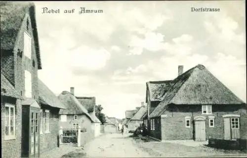 Ak Nebel auf der Insel Amrum Nordfriesland, Dorfstraße, Häuser mit Reetdächern