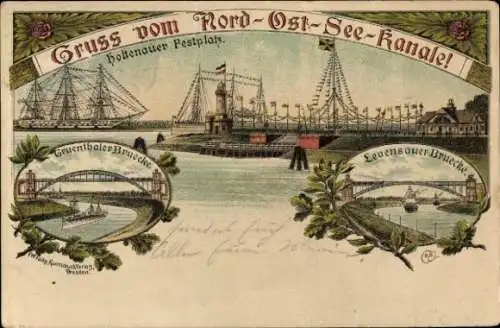 Vorläufer Litho Holtenau Kiel, Nord-Ostsee-Kanal, Levensauer Brücke, Holtenauer Festplatz, 1895