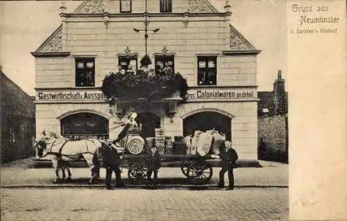 Ak Neumünster in Schleswig Holstein, J. Carsten's Gasthof, Pferdekarren, Kolonialwaren