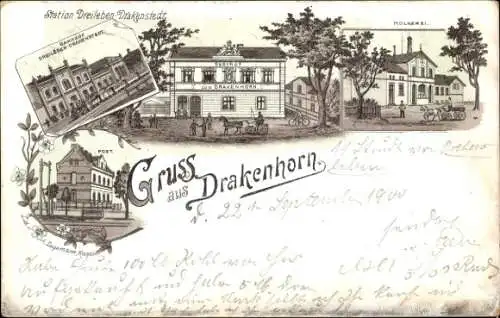 Litho Drakenhorn Drakenstedt Drackenstedt Eilsleben in Sachsen Anhalt, Gasthaus, Bahnhof