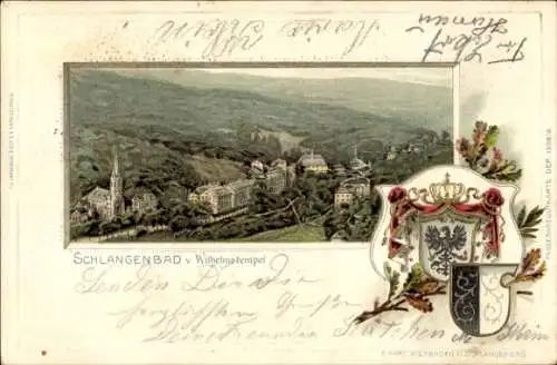 Präge Wappen Litho Schlangenbad im Taunus, Stadtpanorama vom Wilhelmstempel