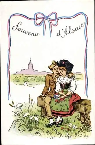 Ak Liebespaar, Frau in Elsässer Volkstracht, Soldat