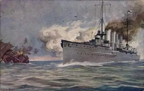 Künstler Ak Schulze, Hans Rudolf, Kriegsschiff Karlsruhe versenkt französisches Segelschiff