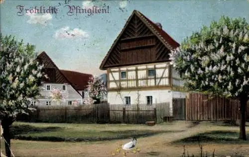 Künstler Ak Glückwunsch Pfingsten, Häuser, Ente