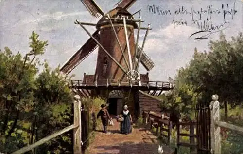 Ak Niederländische Windmühle, Eingang, Bäume, Bauern, Hühner