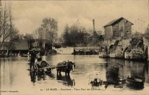 Ak Le Mans Sarthe, Pontlieue, Vieux Pont sur l'Huisne, Pferdekarren