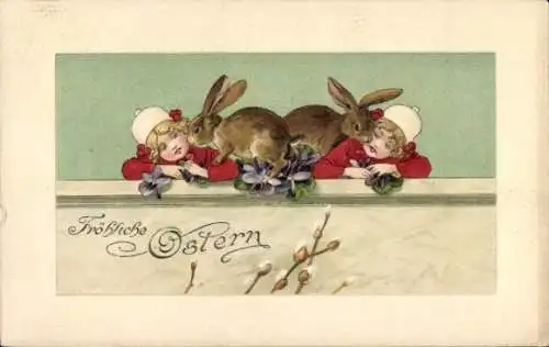 Präge Ak Glückwunsch Ostern, Kinder, Hasen, Weidenkätzchen