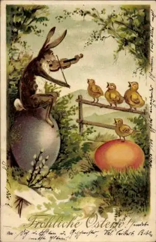 Präge Litho Glückwunsch Ostern, Osterhase mit Geige, Ostereier, singende Küken