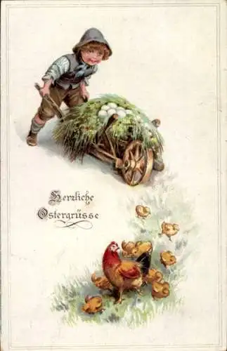 Ak Glückwunsch Ostern, Kind, Schubkarre, Gras, Eier, Henne, Küken