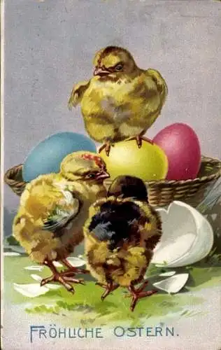 Präge Ak Glückwunsch Ostern, Küken, Korb, Ostereier