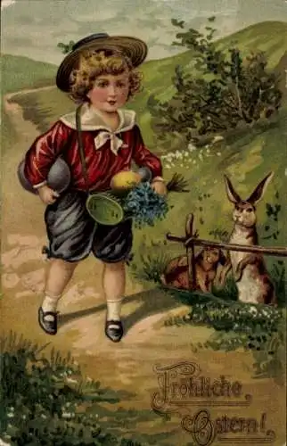 Präge Ak Glückwunsch Ostern, Kind, Hasen, Ostereier