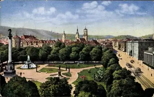 Ak Stuttgart in Württemberg, Schlossplatz, Springbrunnen, Säule