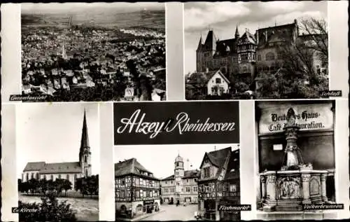 Ak Alzey in Rheinhessen, Gesamtansicht, Schloss, ev. Kirche, Fischmarkt, Volkerbrunnen