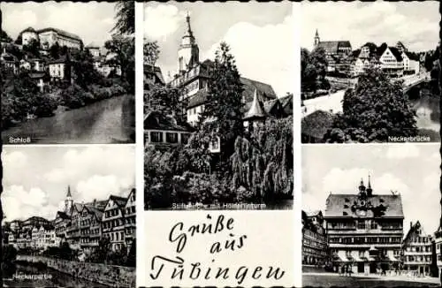 Ak Tübingen am Neckar, Schloss, Neckarbrücke, Stiftskirche mit Hölderlinturm, Marktplatz