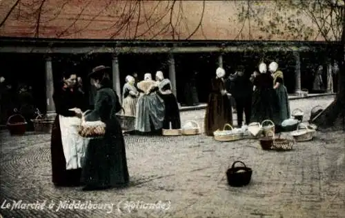 Ak Middelburg Zeeland, Le Marché, Marktplatz, Niederländer in Trachten, Grootes Cacao