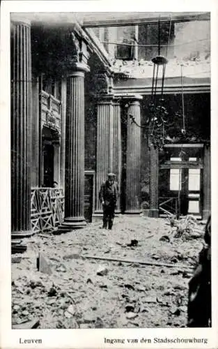 Ak Louvain Leuven Flämisch-Brabant, Der Brand von 1914, Eingang zum Theater, Stadsschouwburg