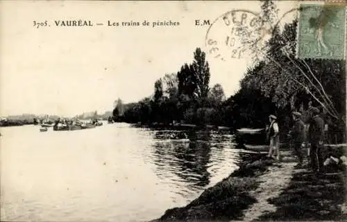 Ak Vauréal Val d'Oise, Les trains de peniches