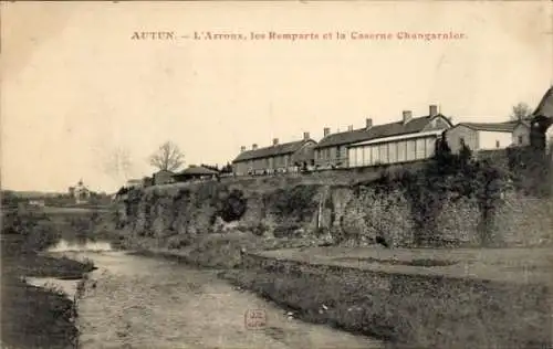 Ak Autun Saône-et-Loire, L'Arroux, les Remparts, la Caserne Changarnier