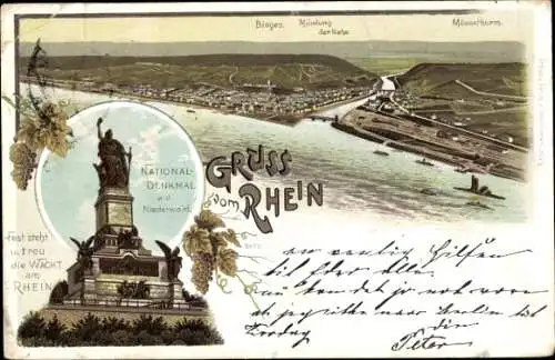 Litho Rüdesheim am Rhein, Niederwald Nationaldenkmal, Mündung der Nahe, Bingen, Mäuseturm