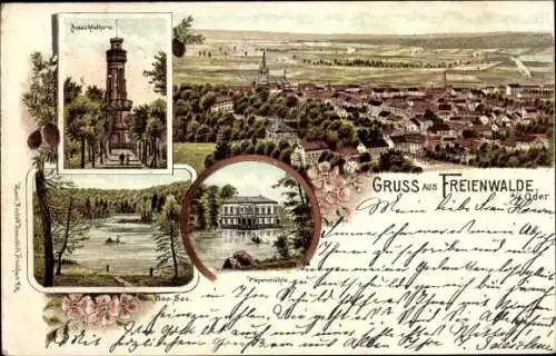 Litho Bad Freienwalde an der Oder, Aussichtsturm, Baasee, Papenmühle, Gesamtansicht der Stadt