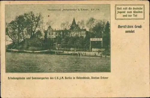 Ak Hohenbinde Erkner Brandenburg, Heideschloss Hohenbinde, Erholungsheim d. CVJM Berlin, Uferpartie