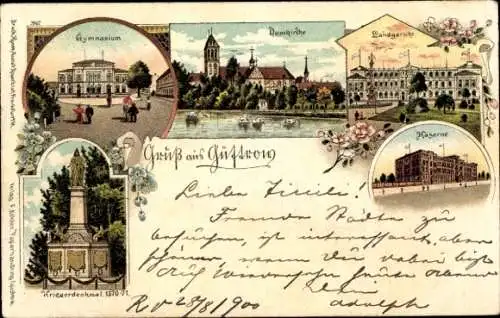 Litho Güstrow in Mecklenburg, Domkirche, Kaserne, Landgericht, Gymnasium, Kriegerdenkmal