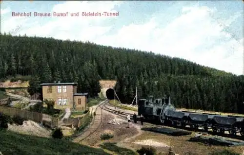 Ak Blankenburg am Harz, Bahnhof Braune Sumpf und Bielsteintunnel, Harz Zahnradbahn