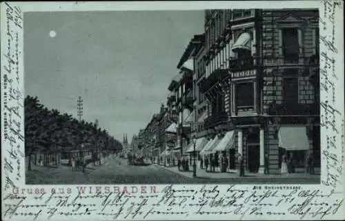 Mondschein Ak Wiesbaden in Hessen, Rheinstraße, Straßenbahn