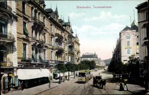 Ak Wiesbaden in Hessen, Taunusstraße, Straßenbahn