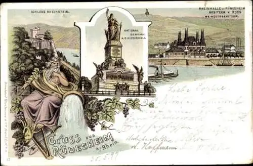 Litho Rüdesheim am Rhein, Schloss Rheinstein, National-Denkmal a.d. Niederwald, Rheinhalle