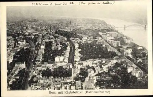 Ak Bonn am Rhein, Ballonaufnahme, Rheinbrücke, Bahnstrecke, Kirche