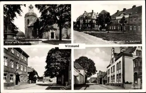 Ak Wittmund in Ostfriesland, Kirche, Kriegerdenkmal, Amtsgericht, Kreishaus, Markt, Postamt