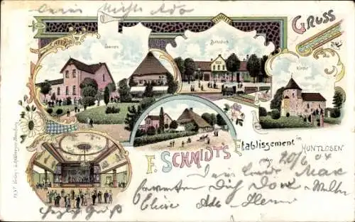 Litho Huntlosen Großenkneten in Niedersachsen, E. Schmidt Etablissement, Bahnhof, Saal